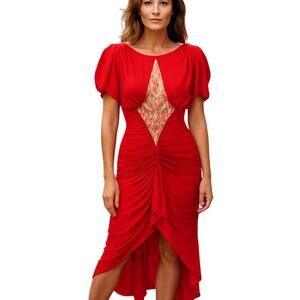 1980s Vintage Casadei Beaded Sequin Ruched Open Back Sexy Red Cocktail Dress